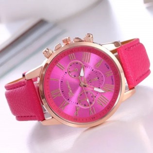 Montre-Femme-à-Quartz-Bracelet-Cuir-Fuchsia