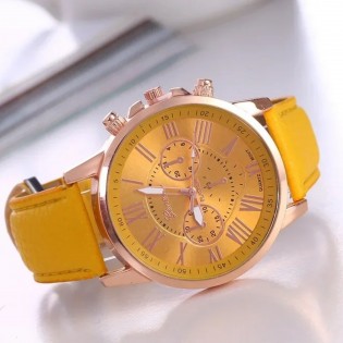 Montre-Femme-à-Quartz-Bracelet-Cuir-Jaune-intense