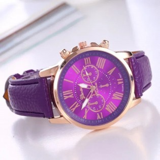 Montre-Femme-à-Quartz-Bracelet-Cuir-Violet