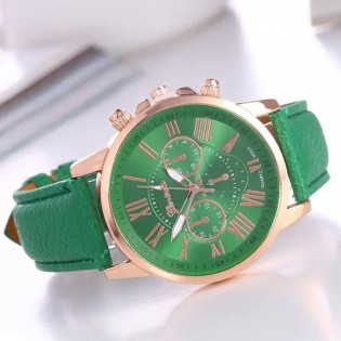 Montre-Femme-à-Quartz-Bracelet-Cuir-Vert