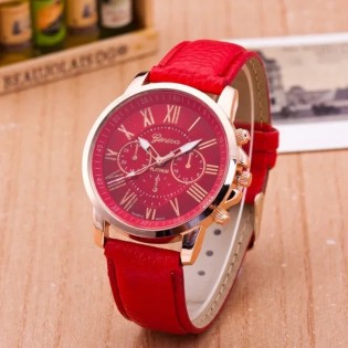 Montre-Femme-à-Quartz-Bracelet-Cuir-Rouge