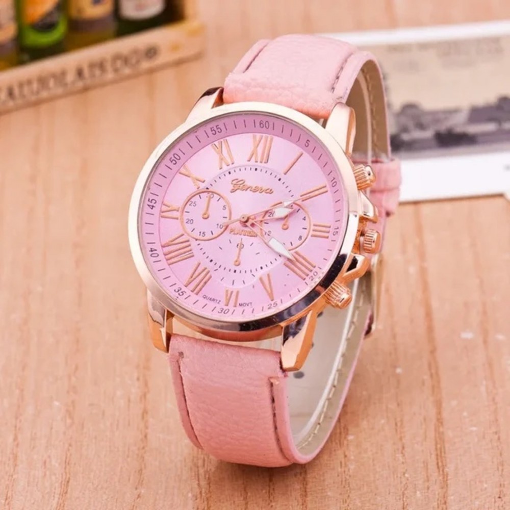 Montre-Femme-à-Quartz-Bracelet-Cuir-Rose