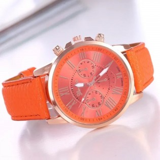 Montre-Femme-à-Quartz-Bracelet-Cuir-Orange