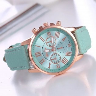 Montre-Femme-à-Quartz-Bracelet-Cuir-Vert-d-eau