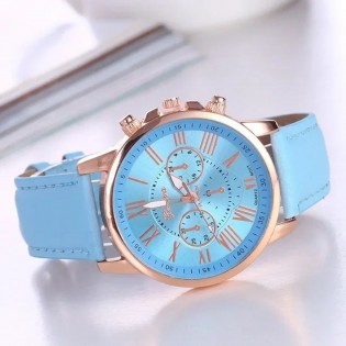 Montre-Femme-à-Quartz-Bracelet-Cuir-bleu-ciel